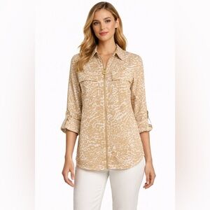 Michael Kors Beige Cuffed Sleeve‎ 3/4 Sleeve Button Down Shirt